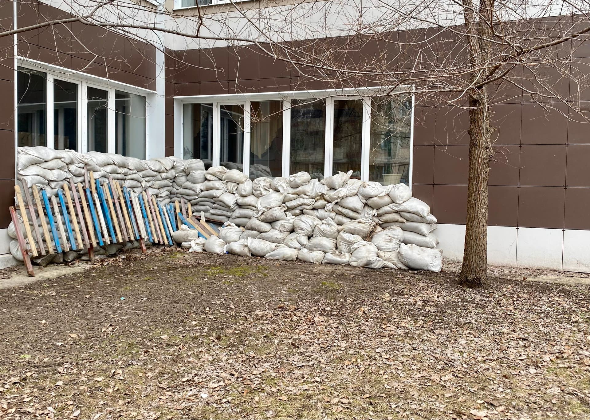 Sandbags outside the school hosting the polling station