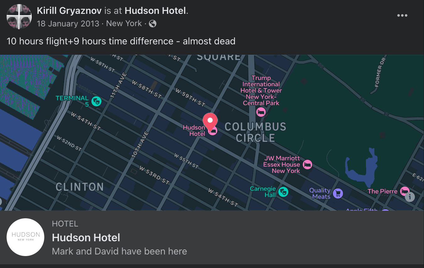 Griaznov checked-in on Facebook at the Hudson Hotel during his trip to New York City in February 2013.