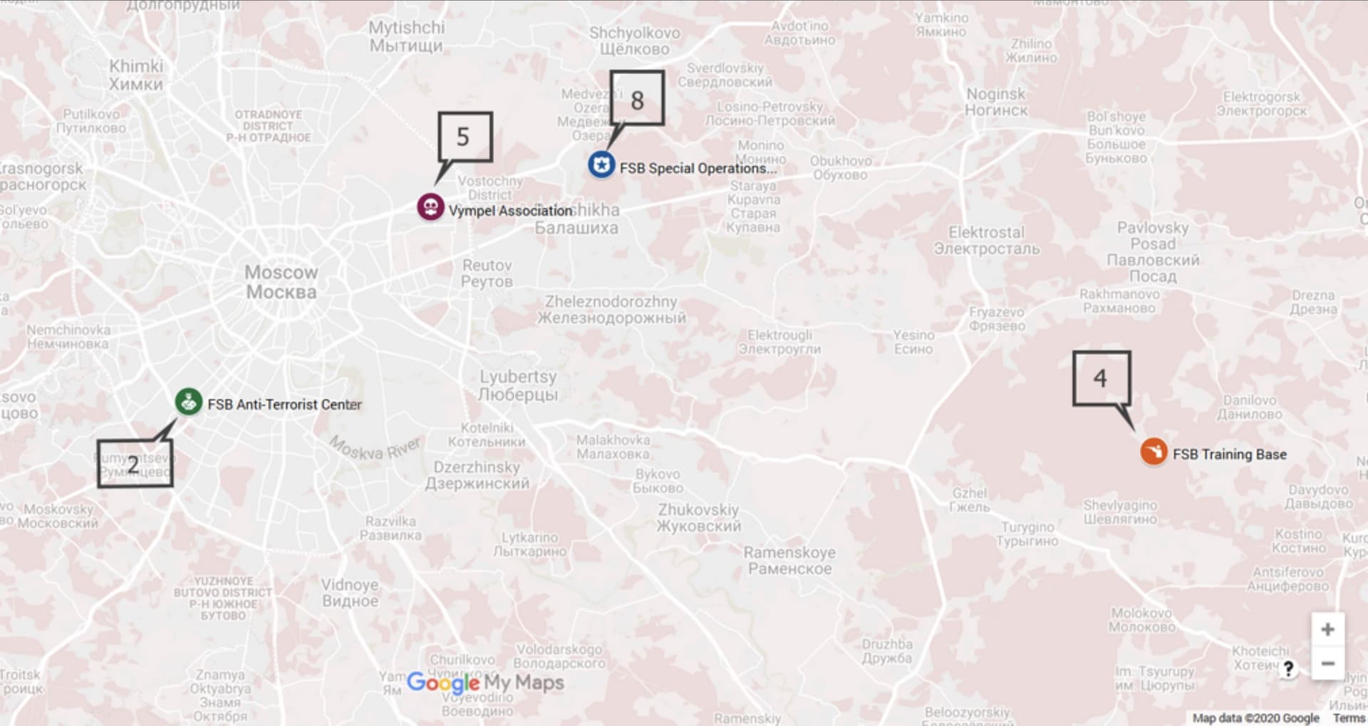 Места, посещенные Красиковым, судя по биллингу его телефона. Цифра — это число дней, проведенных в данном месте