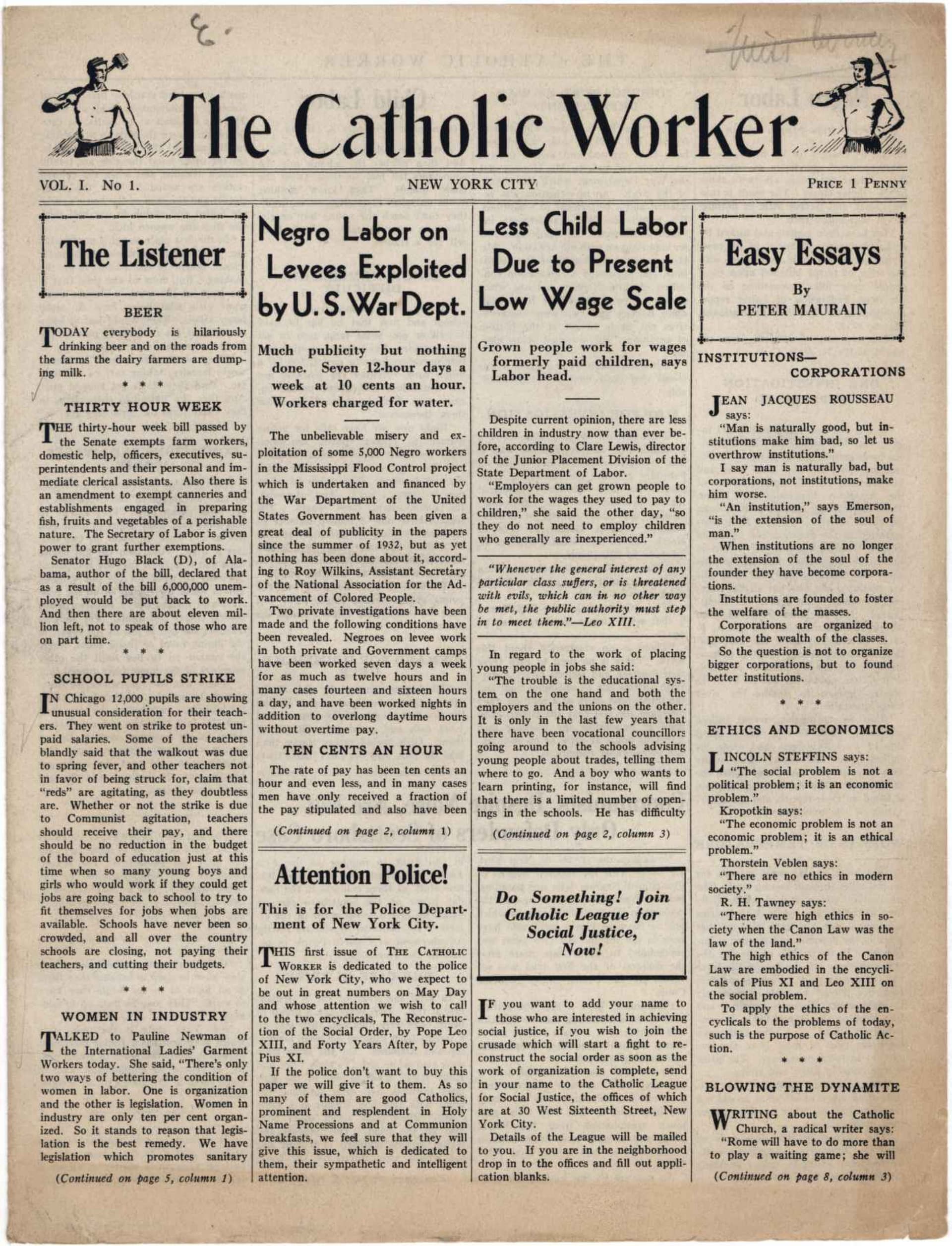 Первый номер газеты «Американский католический рабочий"
