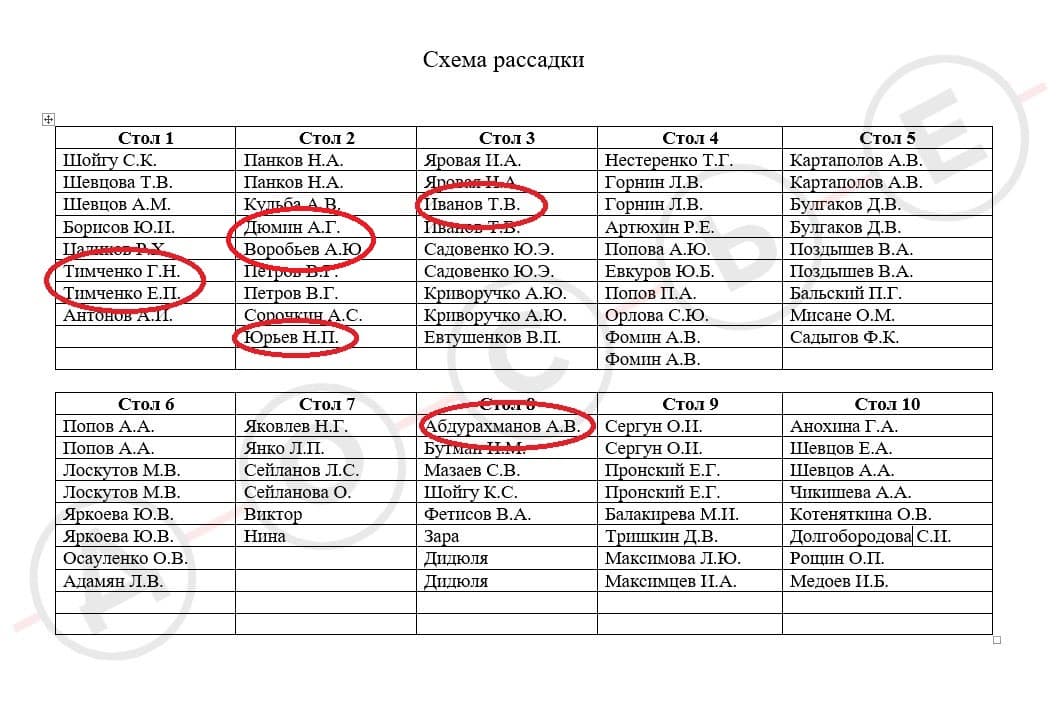 Рассадка гостей на юбилее замминистра обороны Татьяны Шевцовой