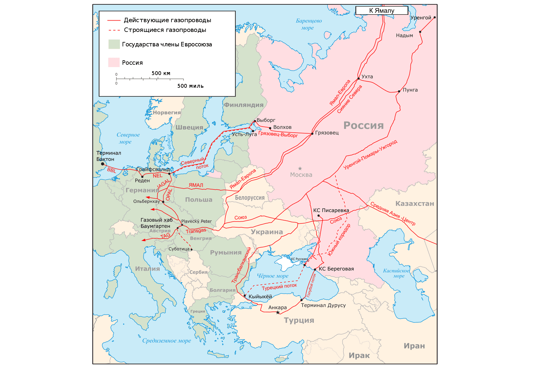 Схема существующих и планирующихся магистральных экспортных газопроводов из России в Европу