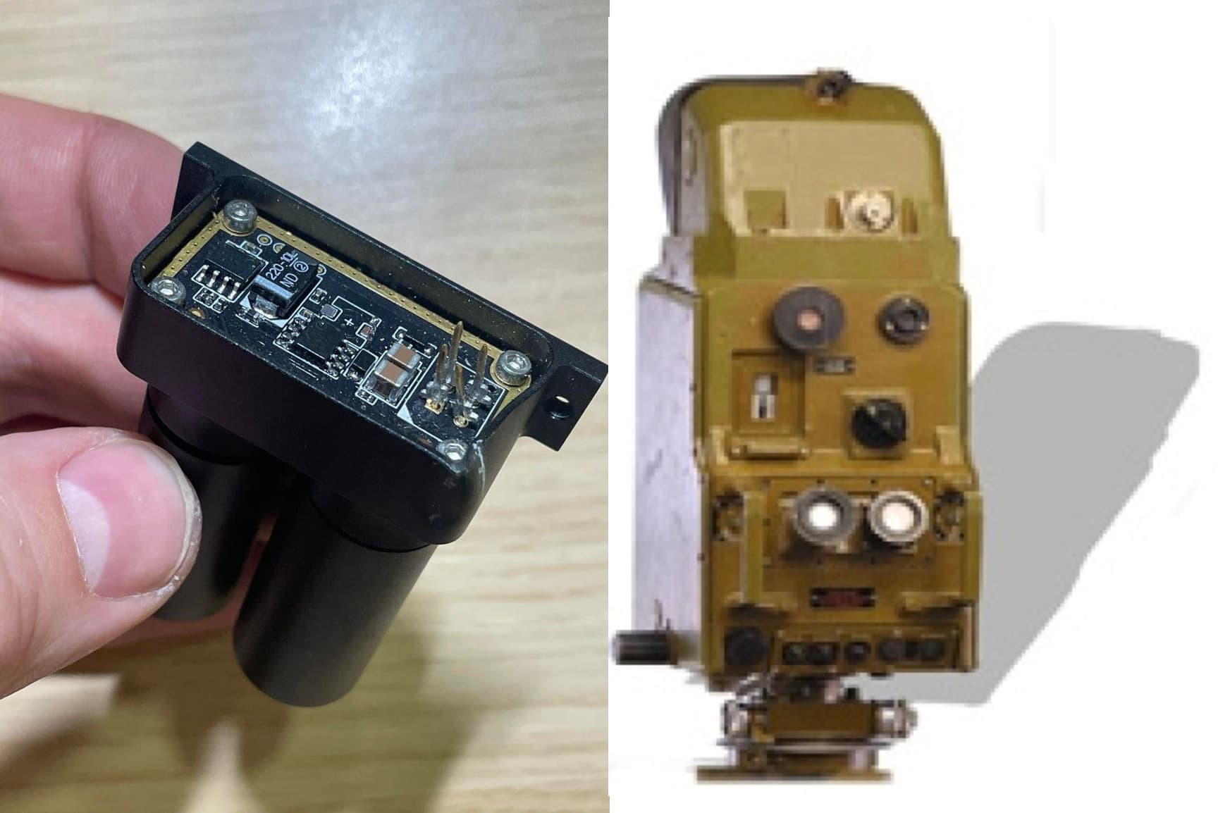 Лидар для подрыва беспилотника на расстоянии от цели с российского дрона-камикадзе «Ланцет» (слева). Дальномер лазерный артиллерийский (справа). Фото: «Осведомитель», inni.info