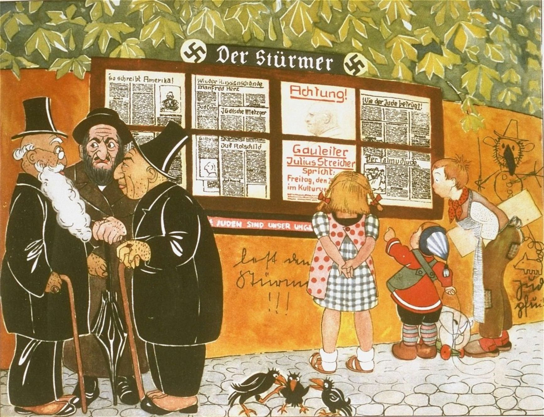 Illustration from a children’s book. The headings read: “Jews are our misfortune” and “How Jews cheat.” Germany, 1936