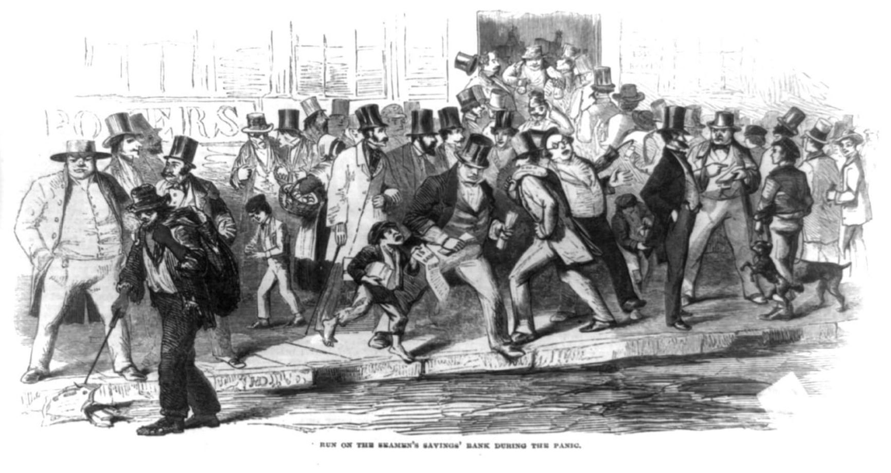 Depositors attempt to withdraw their money from a bank. Illustration from 1857