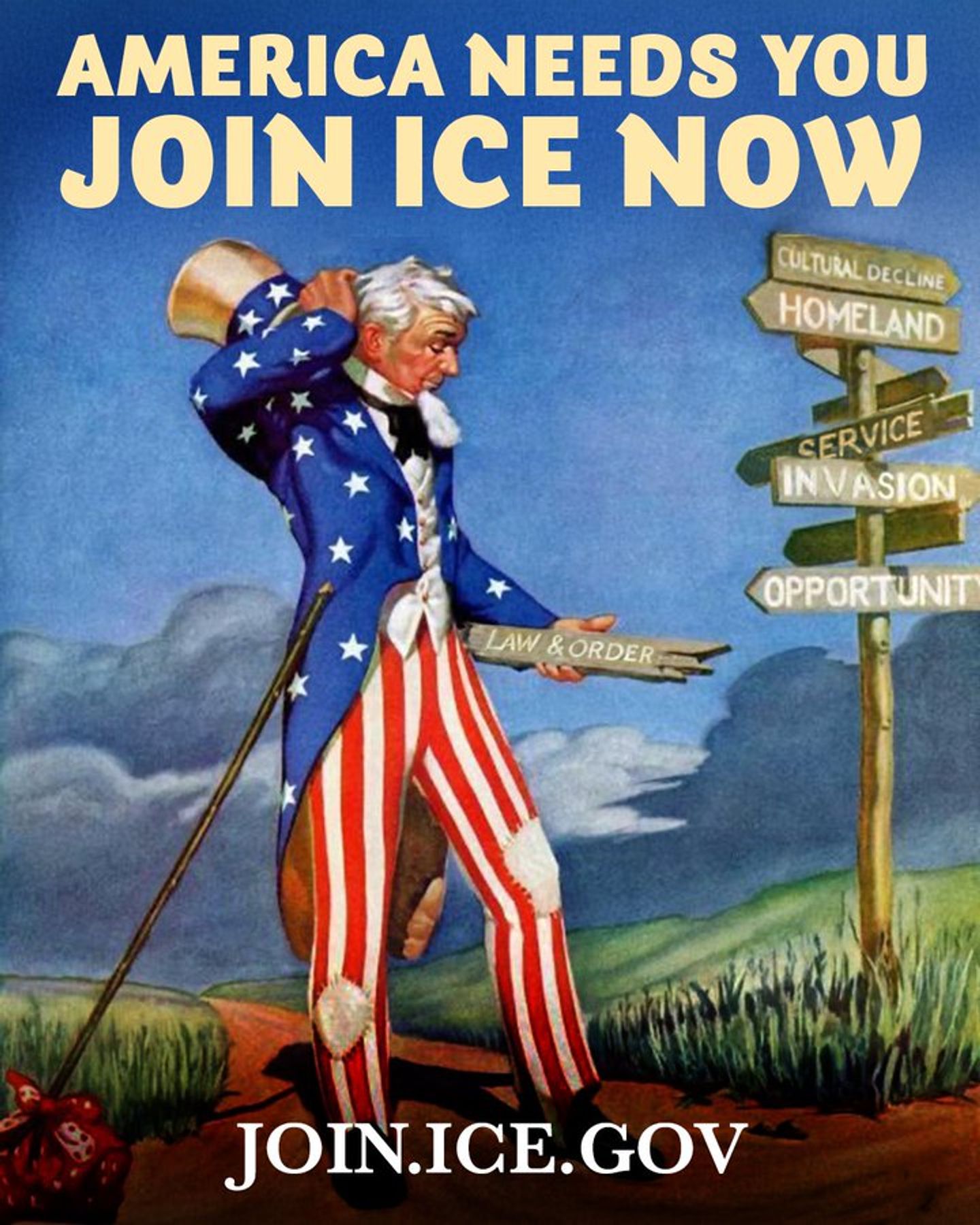 «Америка нуждается в тебе. Присоединяйся к ICE сейчас», — гласит слоган на картинке с «дядей Сэмом» на странице ICE в сети Х 