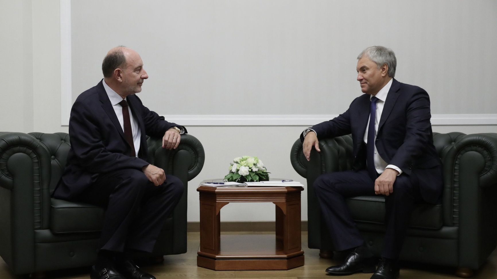 General Charles de Gaulle's grandson Pierre de Gaulle with State Duma Speaker Vyacheslav Volodin at a meeting in Moscow