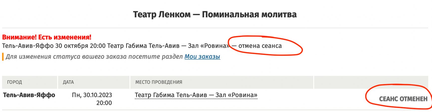 Сообщение об отмене гастролей «Ленкома»