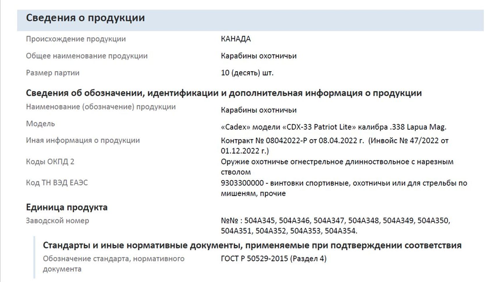 Certificate of conformity for the customs clearance of Cadex rifles