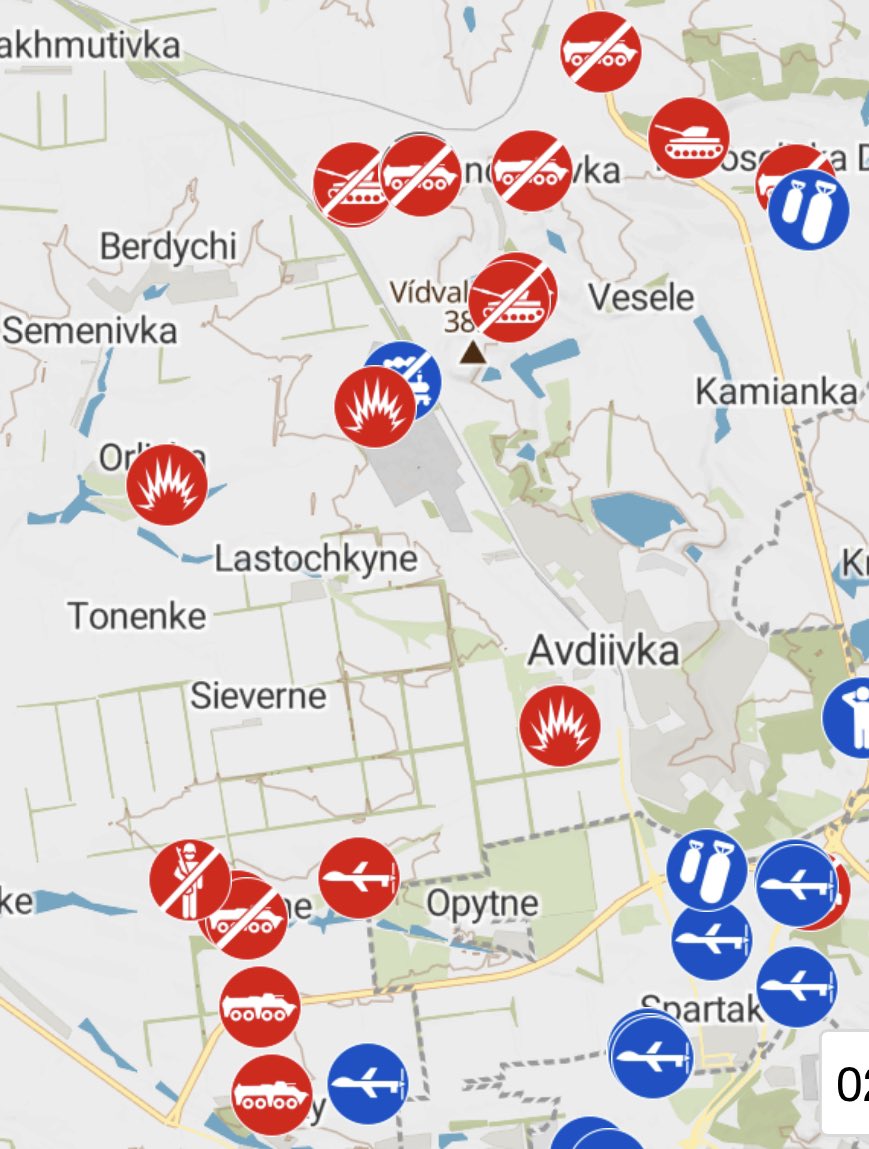 Карта проекта Geoconfirmed, где отмечены геолоцированные видео, связанные с битвой за Авдеевку