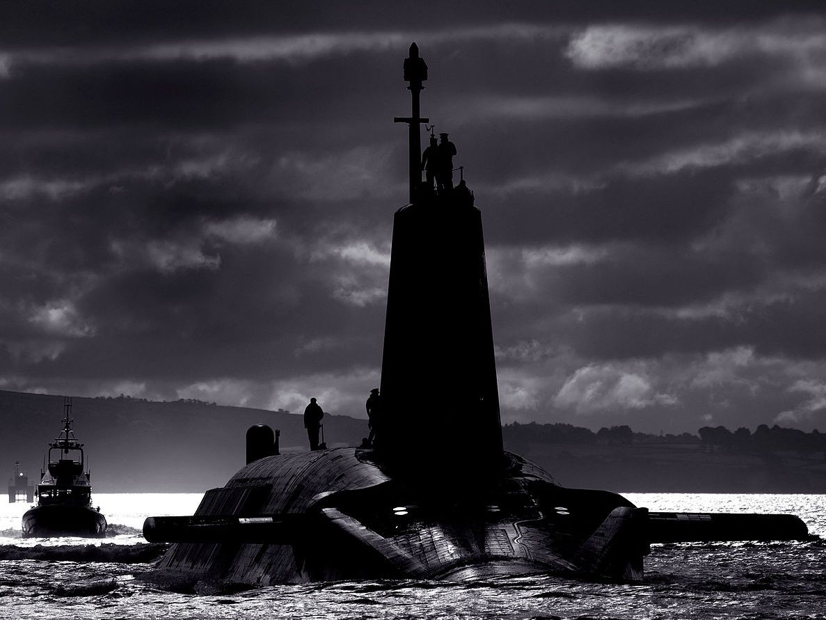 The Royal Navy's HMS Vengeance, a Vanguard-class SSBN carrying the Trident ballistic missile — the UK's nuclear deterrent.