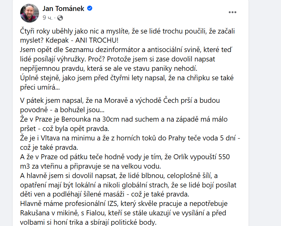 Скриншот со страницы Томанека в Facebook