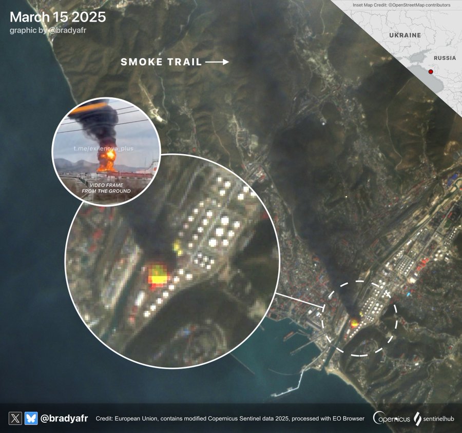 Пожар на Туапсинском нефтеперерабатывающем заводе после предполагаемого удара ракетой «Длинный Нептун»