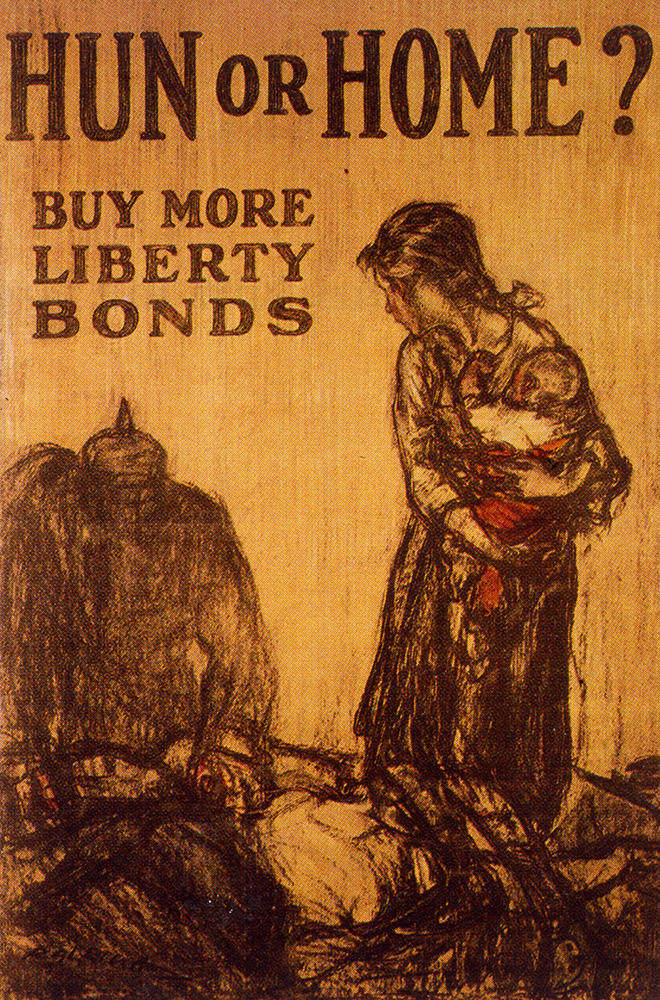 A US government poster depicting a refugee with a child chased by a dark and menacing figure of a German soldier. 1918