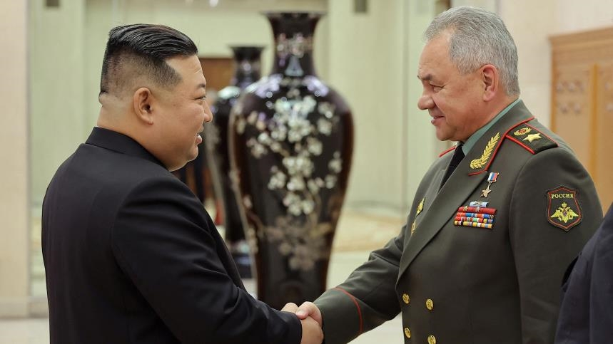 Kim Jong Un shakes hands with Russia's then-Defense Minister Sergei Shoigu at the Central Committee headquarters of North Korea’s ruling Workers’ Party in July 2023. Photo: KCNA via KNS / AFP