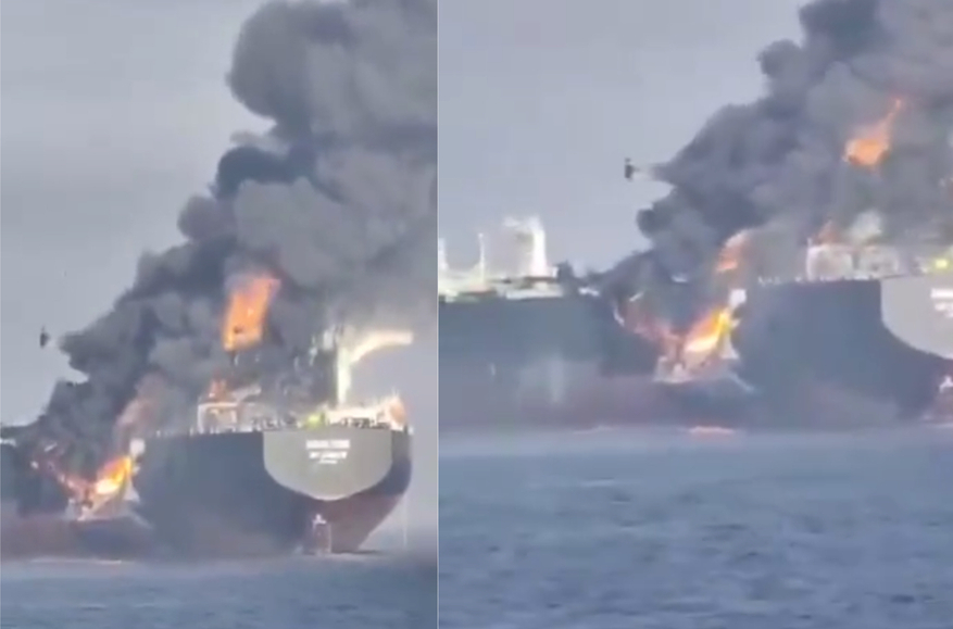 Screenshots of video footage showing the tanker Adalynn ablaze after a collision with another tanker in the Gulf of Oman. (Screenshots: @BlackSeaStrategyInstitute, Telegram)