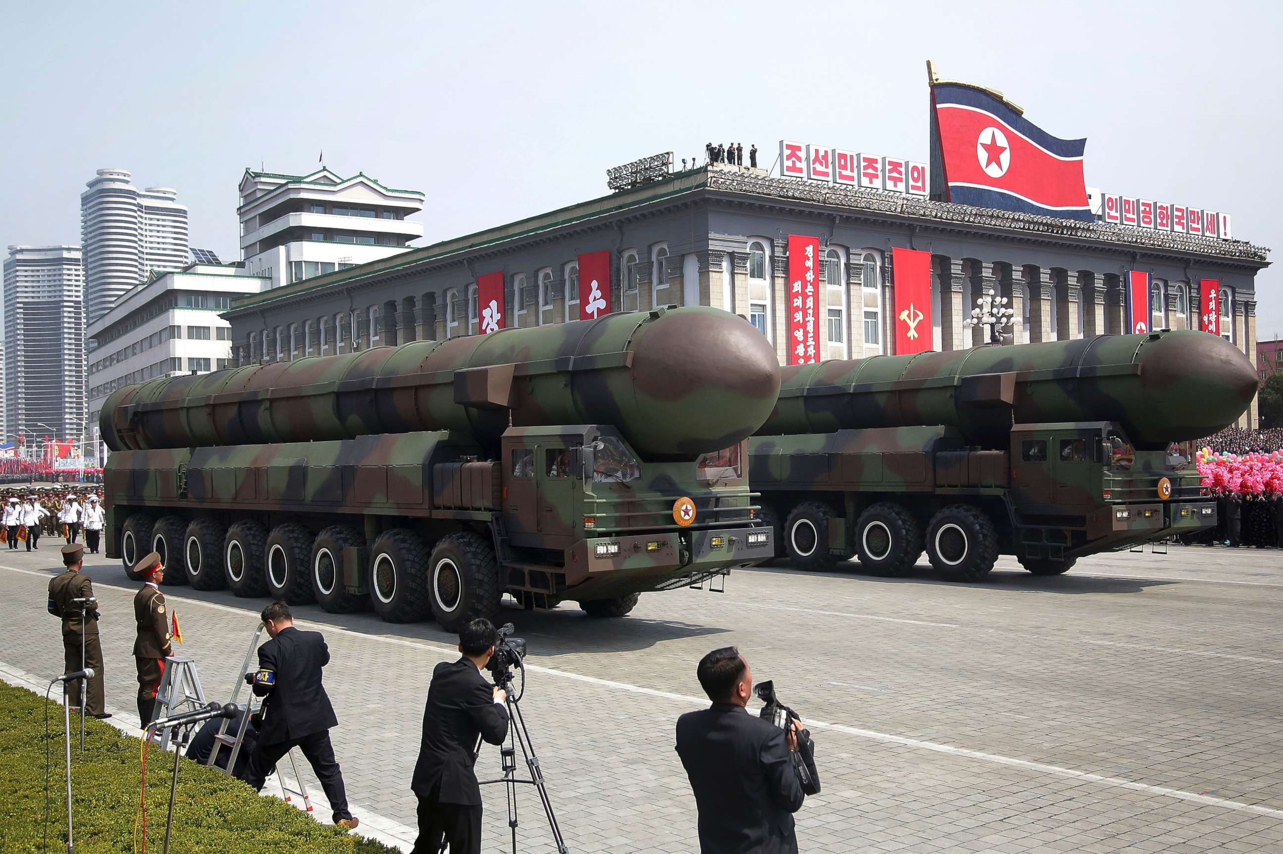 Missiles roll through Kim Il Sung Square during a military parade in Pyongyang marking the 105th anniversary of Kim Il Sung’s birth on April 15, 2017. Photo: Wong Maye-E / AP File